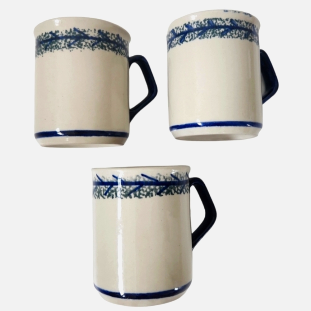 Vintage Boleslawiec Handmade in Poland Beige Blue Green Print Set Of 3 Mugs